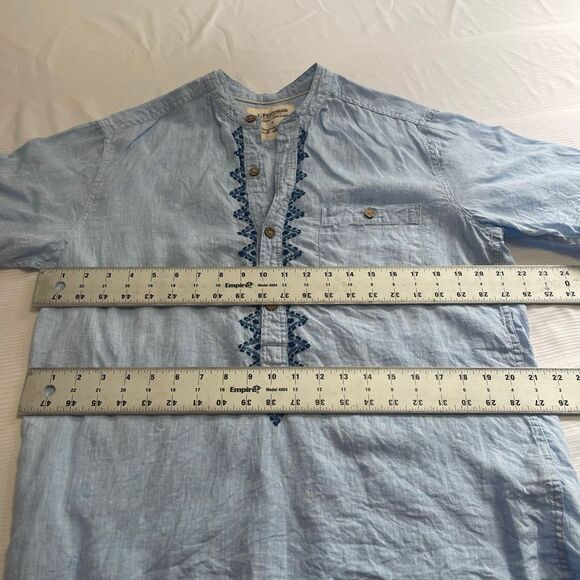 J. Peterman Ancient Roads Blue 100% Linen Embroidered Short Sleeve Shirt Small - Picture 5 of 7